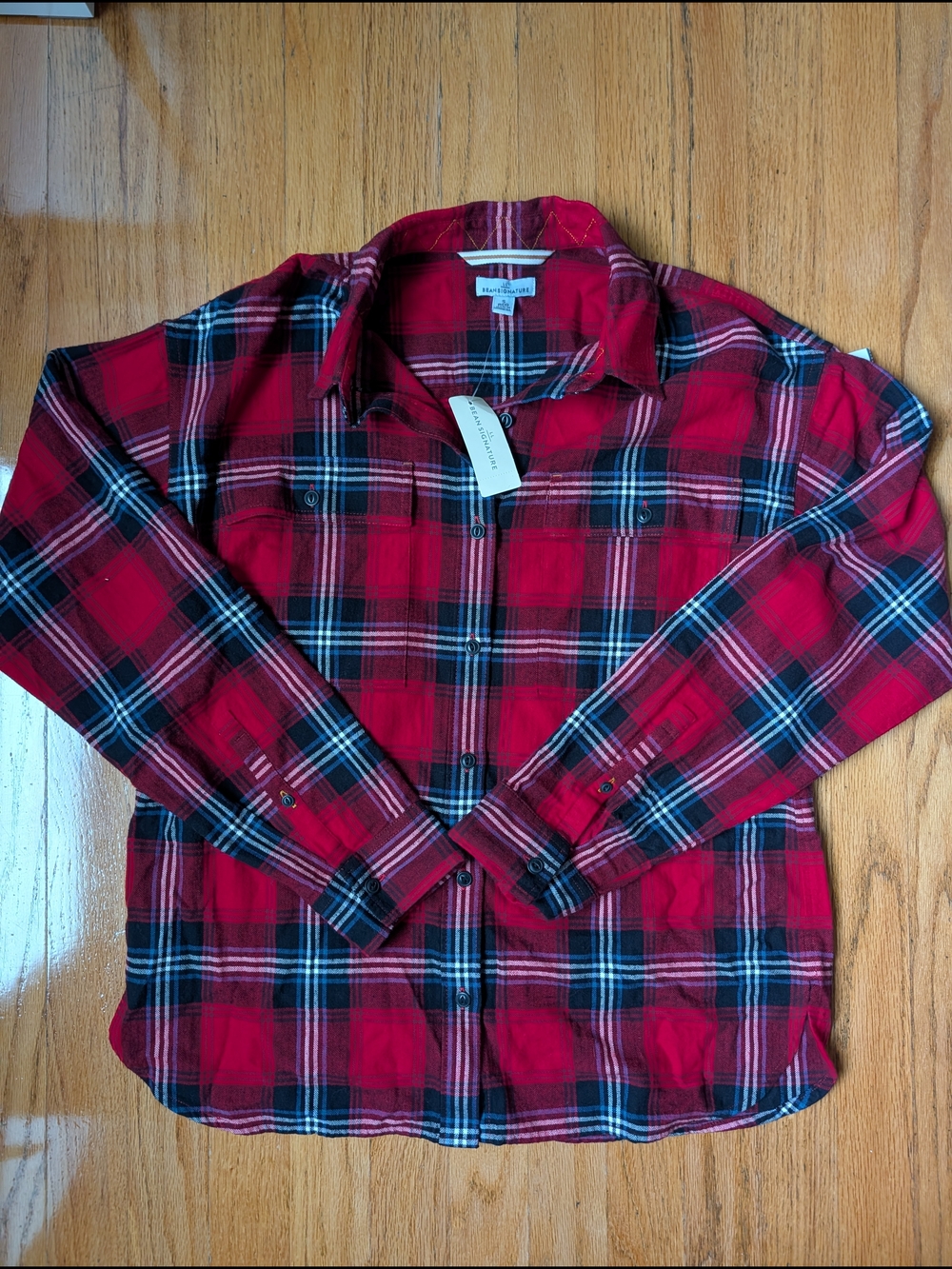 NWT L.L. Bean Red and Black Plaid Button-Down Flannel Camp Shirt